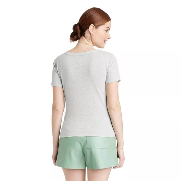 A New Day Women's Pale Green Twist Front Deep V-Neck Linen Blend SS T-Shirt - Picture 2 of 5